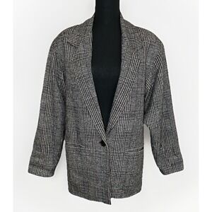 VTG Adolfo International Women 100% Silk Oversized Glen Plaid Gray Blazer‎ SMALL